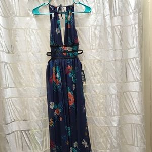 floral strappy side plunge cut-out maxi dress